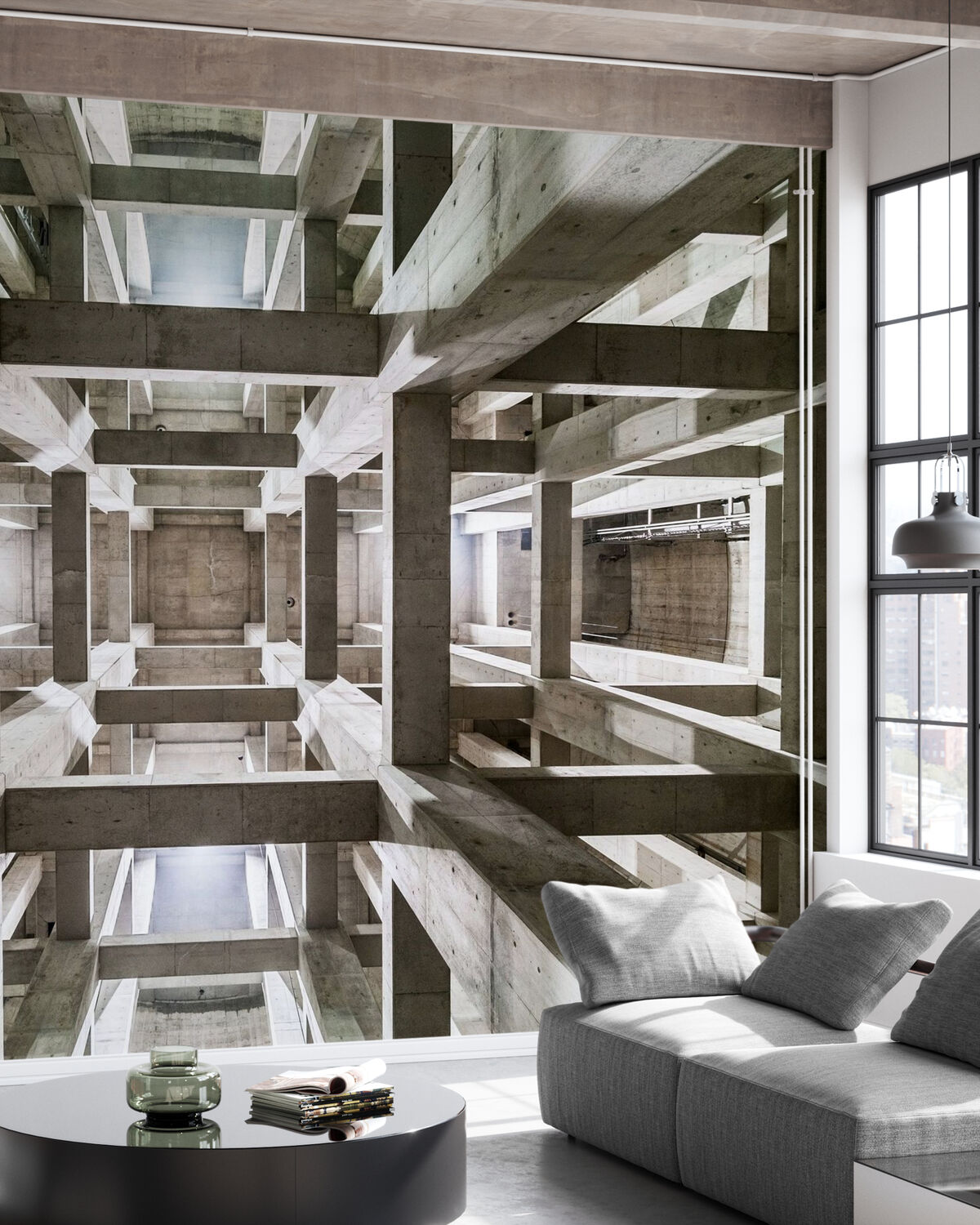 Salon od południa z długimi smugami światła słonecznego na podłodze i ścianach