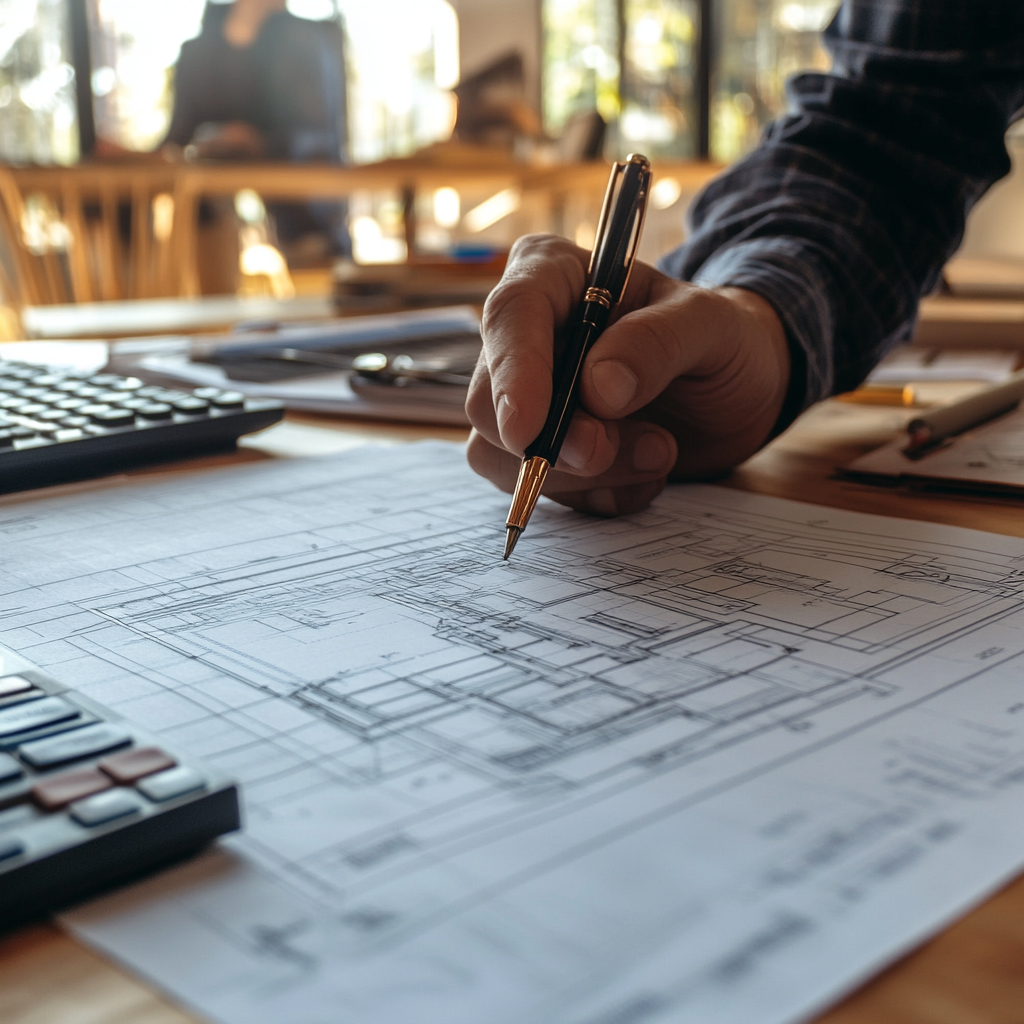 Biurko architekta z planami budowy, kalkulatorem i ekranem komputera pokazującym tabelę kosztów